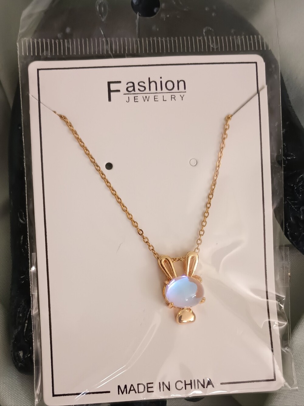 Fashion Jewelry Gold Bunny Necklace with Opalescent Blue Stone - Picture 3 of 11